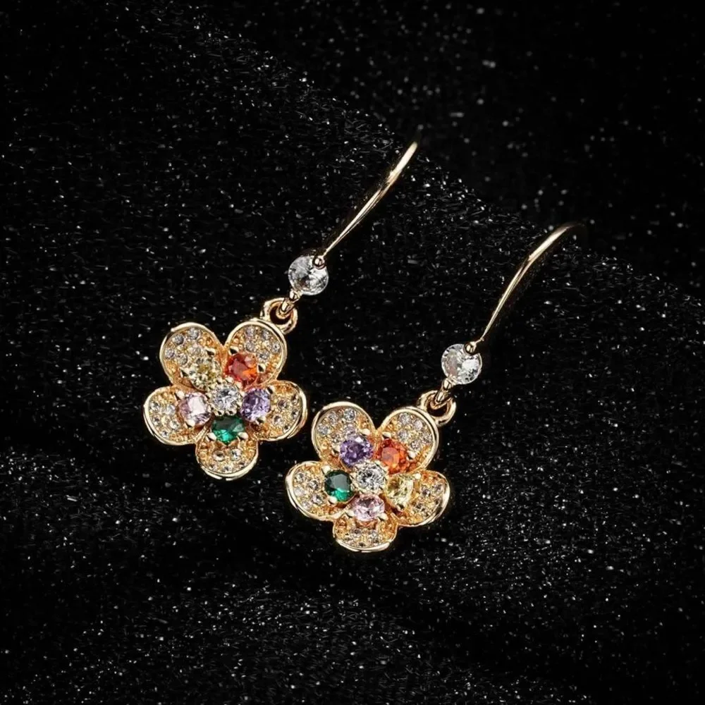 14K Yellow Gold with Multicolor and Diamond Austrian Crystal Flower Earrings